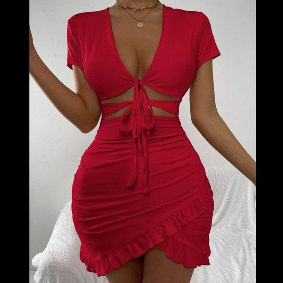 BNWT SHEIN Burgundy Tied Cutout Front Ruffle Trim Wrap Hem Mini Dress - Picture 8 of 8